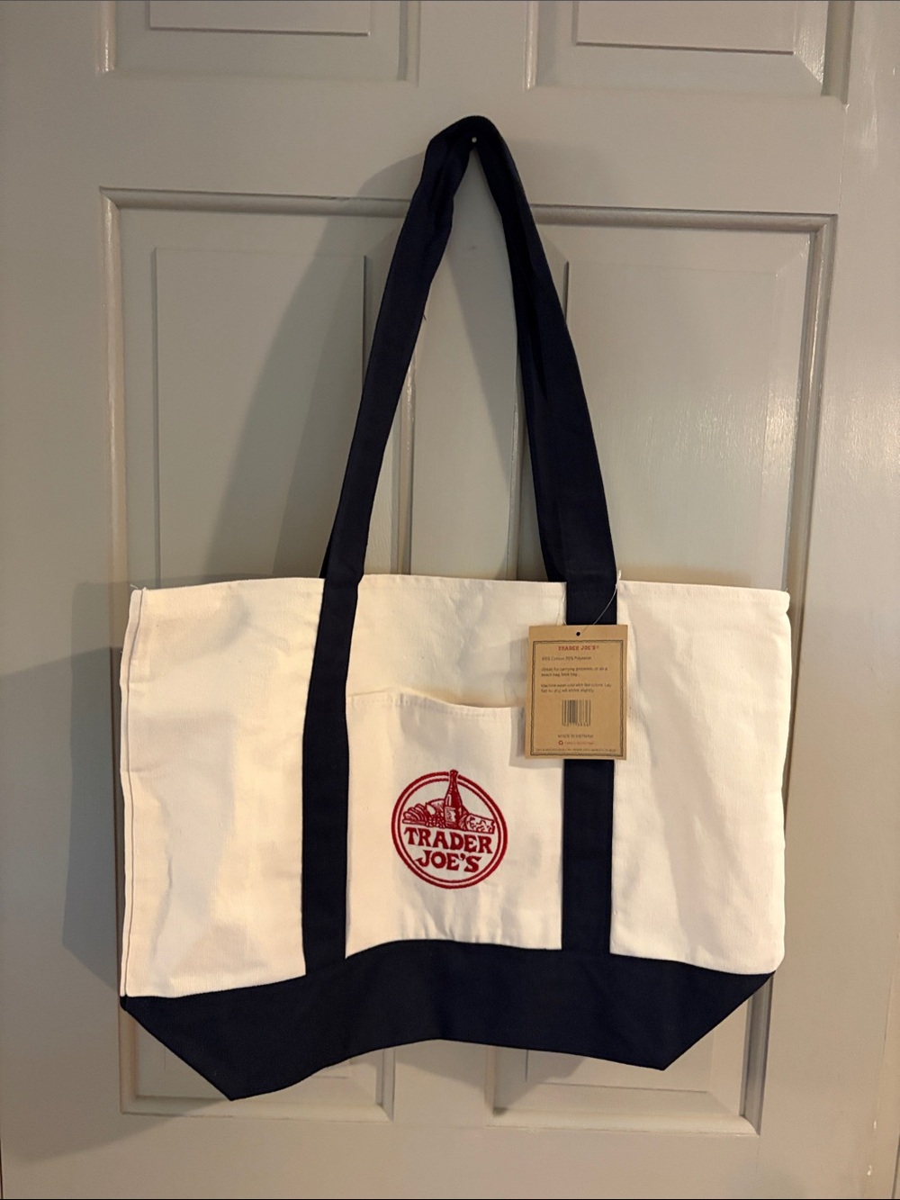 NWT Trader Joe’s White and Navy Canvas Tote Bag